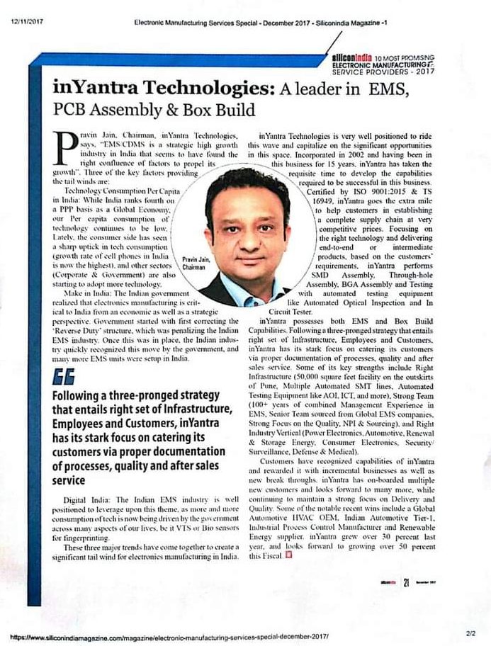 inYantra in news for EMS, PCB assembly and box build in India